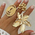 3 pièces Ensemble d'anneaux en spirale avec grande fleur métallique exagérée et perle, anneaux de mode à motif