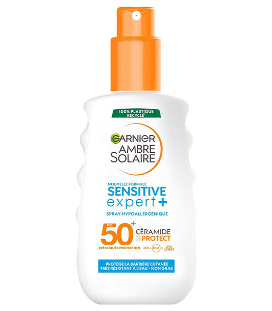 GARNIER Ambre Solaire Sensitive Expert+ – Spray Protection Solaire FPS 50+ – Protège des UVA, UVB Et UVA Longs – Résiste à L’eau – Enrichi en Céramides – Tous Types de Peaux – 150 ml