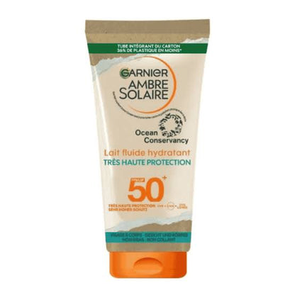 GARNIER Ambre Solaire - Lait Fluide Hydratant - Haute Protection Solaire - FPS 50 - Protège des UVA & UVB - Hydratation 24h - Résiste à L'Eau - Fini Invisible - Visage & Corps - 175 ml