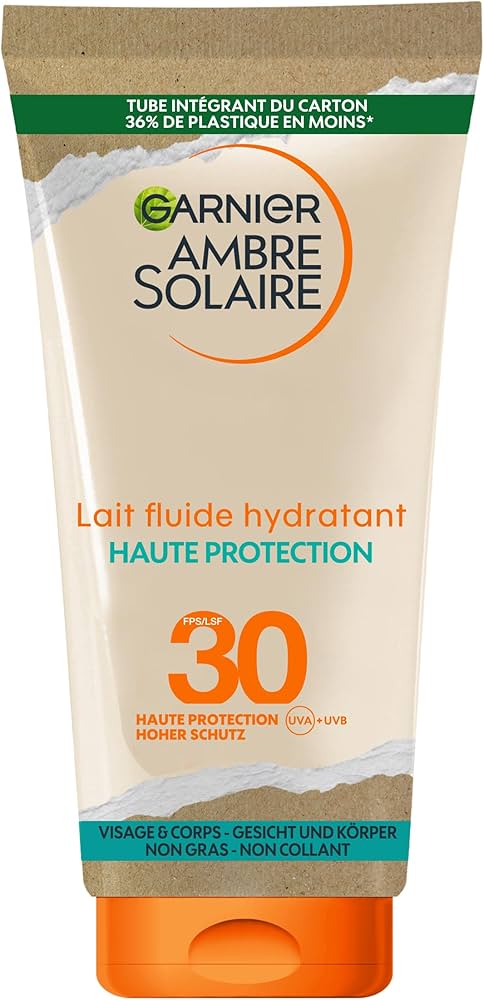 GARNIER Ambre Solaire - Lait Fluide Hydratant - Haute Protection Solaire - fps 30 - Protège des UVA & UVB - Hydratation 24h - Résiste à L'Eau - Fini Invisible - Visage & Corps - 175 ml
