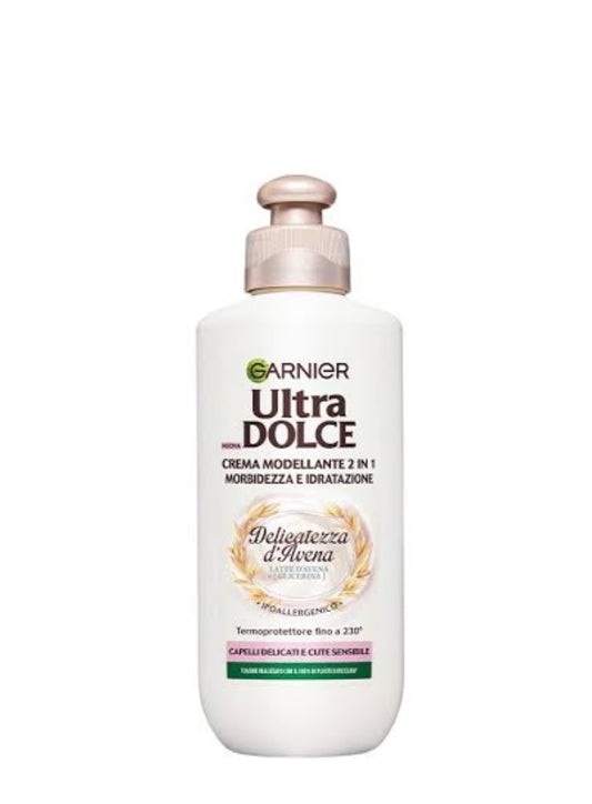 Garnier Ultra Dolce Delicatezza d'Avena Crema Modellante 2 in 1 (Styling leave-in cream for softness and hydration with oat milk and glycerin, providing heat protection up to 230°C for delicate hair and sensitive scalps 200ml